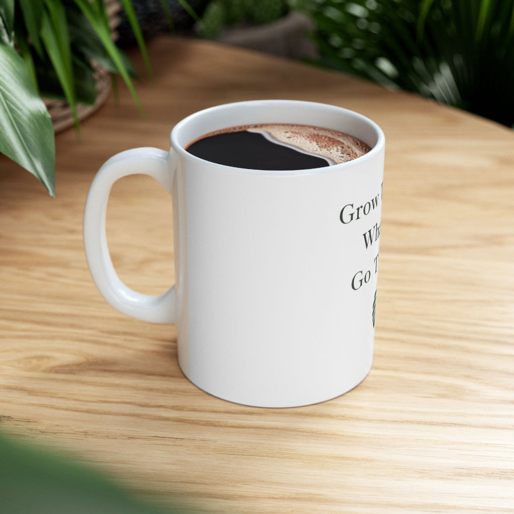 Grow Through What You Go Through – Minimalist Botanical Monstera Coffee Mug (11oz)